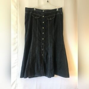 Lipsy London Size 20 Plus Denim Midi Skirt A-Line Flare Button Front Dark Wash
